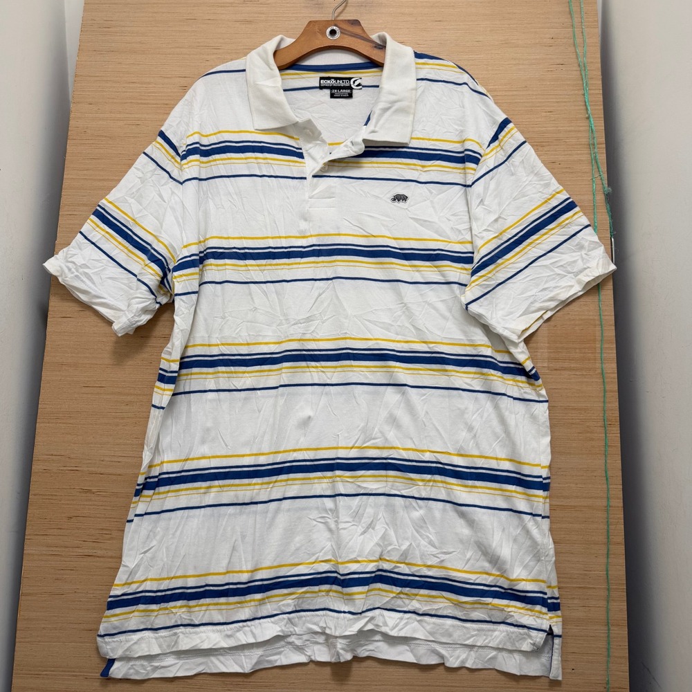 Ecko Unltd Mens 2XL Polo Shirt White Blue Yellow Striped Short Sleeve Cotton